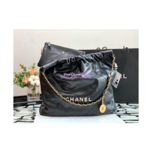 Replica Chanel 22 Handbag Shiny Calfskin AS3260 AS3261 Black with Lacquered Metal 2