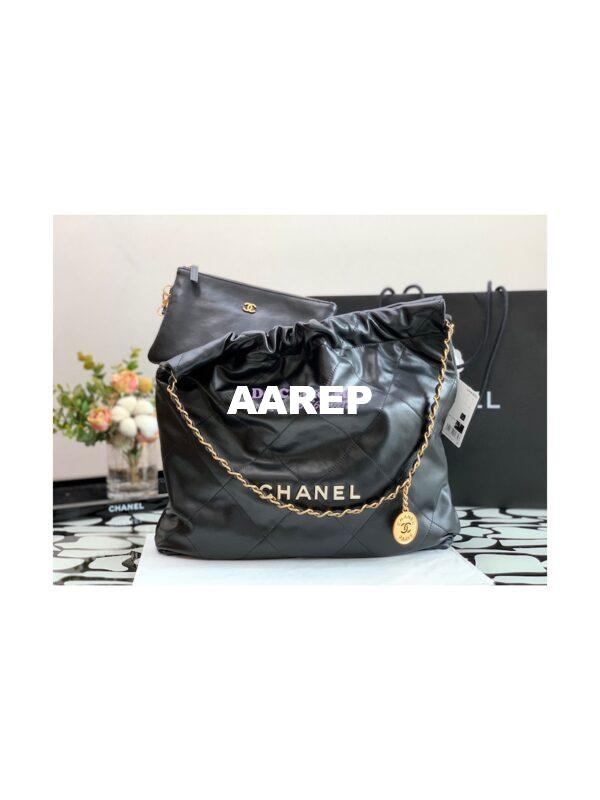 Replica Chanel 22 Handbag Shiny Calfskin AS3260 AS3261 Black with Lacquered Metal 4