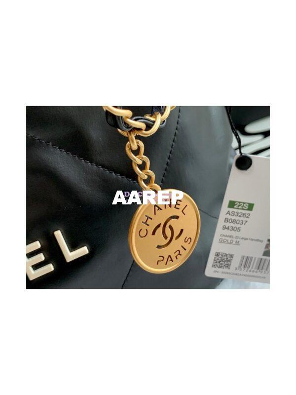 Replica Chanel 22 Handbag Shiny Calfskin AS3260 AS3261 Black with Lacquered Metal 6