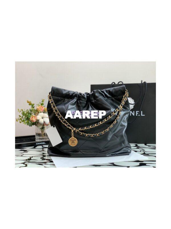 Replica Chanel 22 Handbag Shiny Calfskin AS3260 AS3261 Black with Lacquered Metal 9