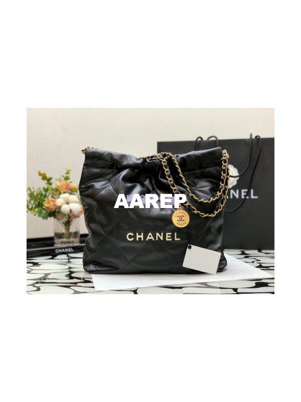 Replica Chanel 22 Handbag Shiny Calfskin AS3260 AS3261 Black with Lacquered Metal 12
