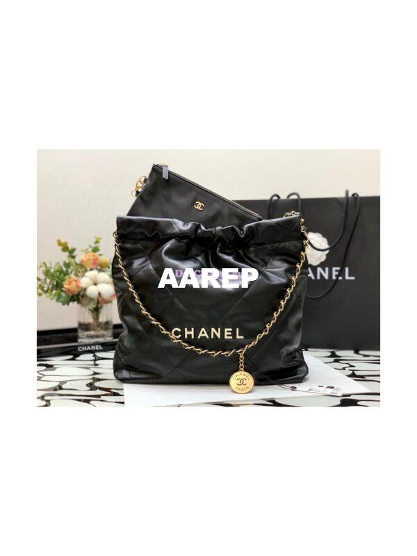 Replica Chanel 22 Handbag Shiny Calfskin AS3260 AS3261 Black with Lacquered Metal 13