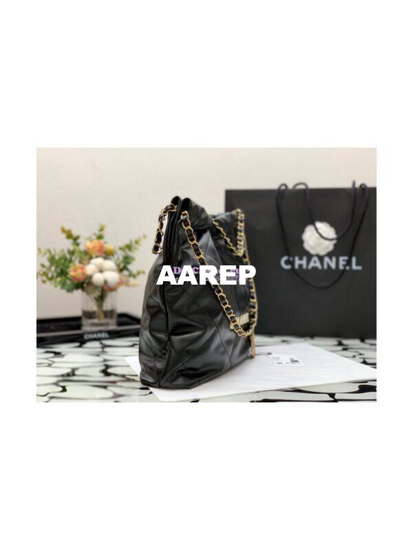 Replica Chanel 22 Handbag Shiny Calfskin AS3260 AS3261 Black with Lacquered Metal 16