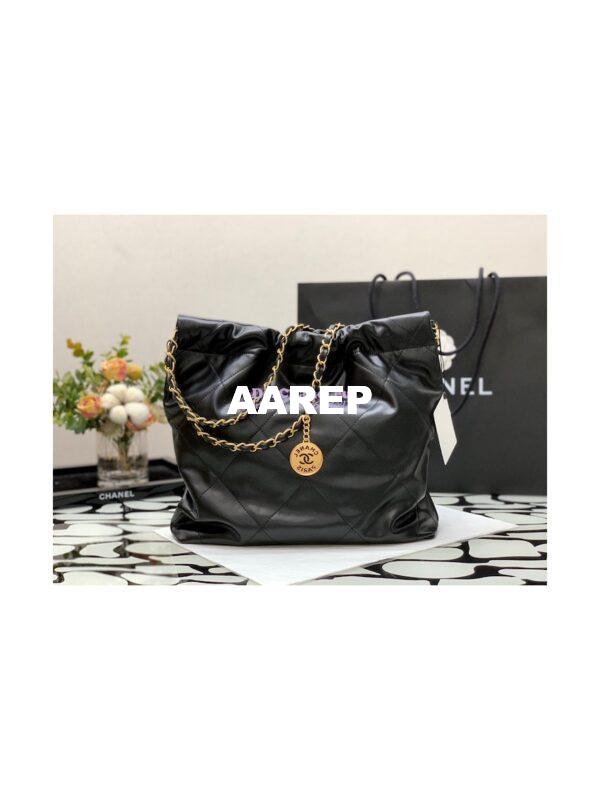 Replica Chanel 22 Handbag Shiny Calfskin AS3260 AS3261 Black with Lacquered Metal 17