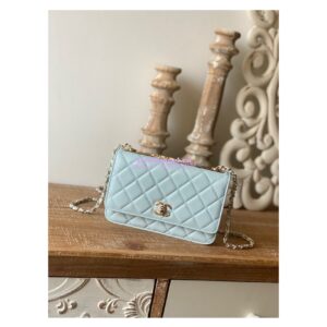 Replica Chanel 22SS SLG Wallet On Chain in Lambskin A80982 Light Blue