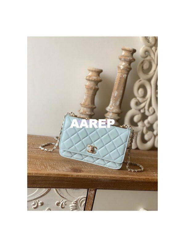 Replica Chanel 22SS SLG Wallet On Chain in Lambskin A80982 Light Blue