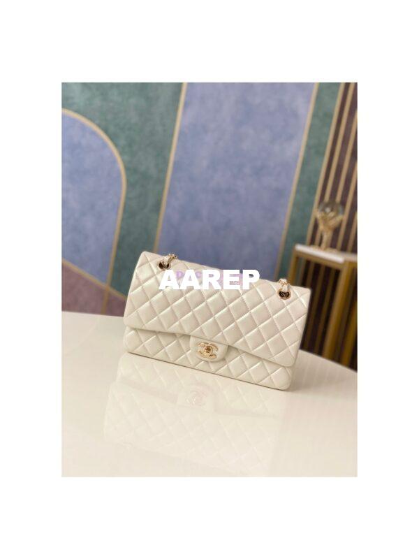 Replica Chanel Medium Classic Double Flap Bag in Iridescent Lambskin Light Beige 3