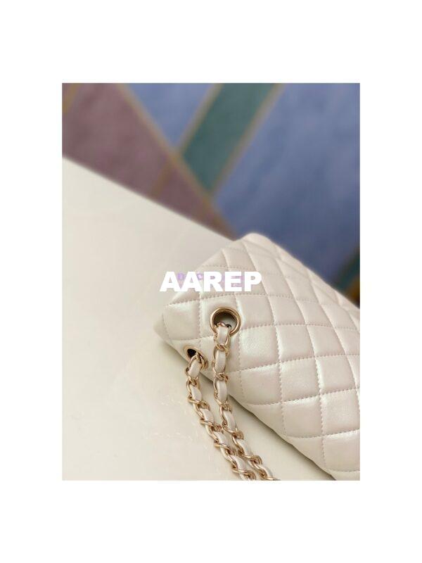 Replica Chanel Medium Classic Double Flap Bag in Iridescent Lambskin Light Beige 8