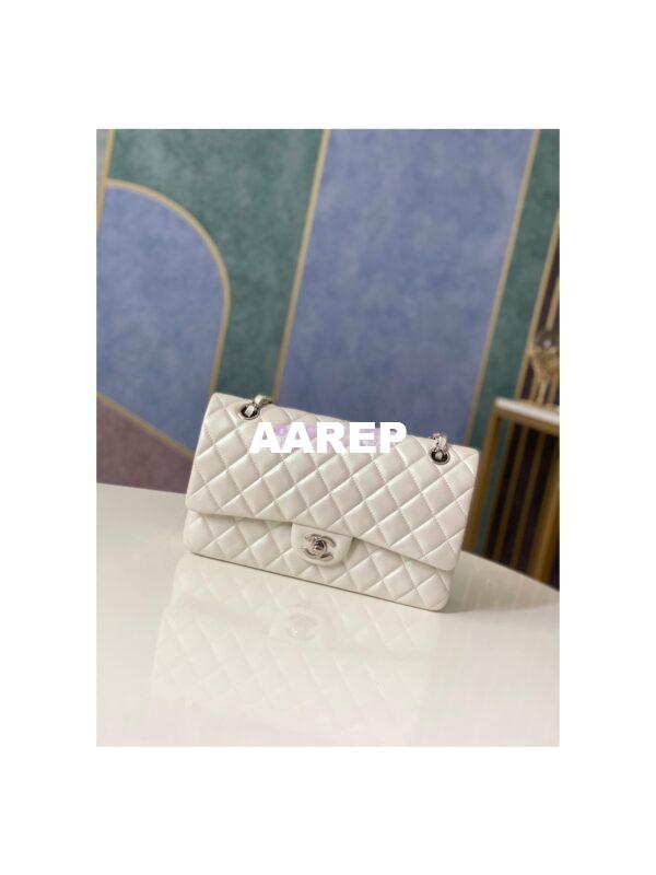 Replica Chanel Medium Classic Double Flap Bag in Iridescent Lambskin Light Beige 12