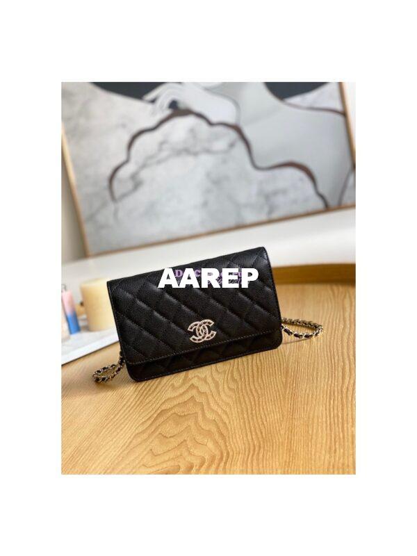 Replica Chanel Caviar Quilted Crystal CC Wallet On Chain WOC AP81201 Black 3