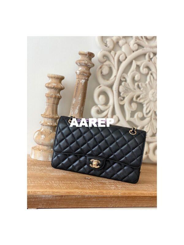 Replica Chanel Medium Classic Double Flap Bag Quilted Caviar Light Gold Hardware Black