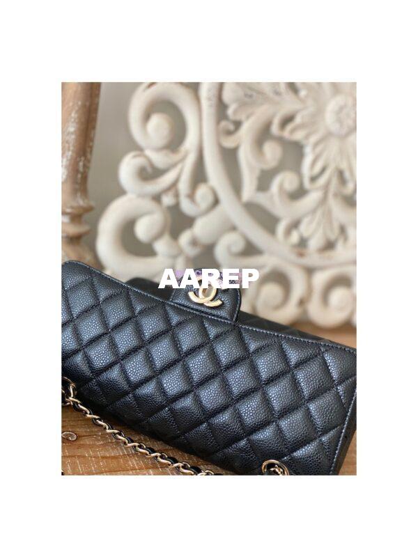 Replica Chanel Medium Classic Double Flap Bag Quilted Caviar Light Gold Hardware Black 3