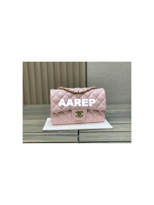 Replica Chanel Small Classic Flap CF Bag Lambskin Shining Light Gold Hardware 20cm in Light Pink