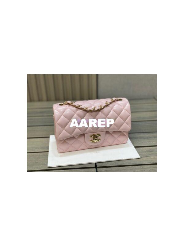 Replica Chanel Small Classic Flap CF Bag Lambskin Shining Light Gold Hardware 20cm in Light Pink 2