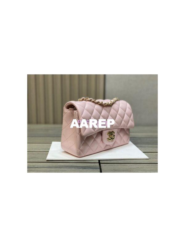 Replica Chanel Small Classic Flap CF Bag Lambskin Shining Light Gold Hardware 20cm in Light Pink 3