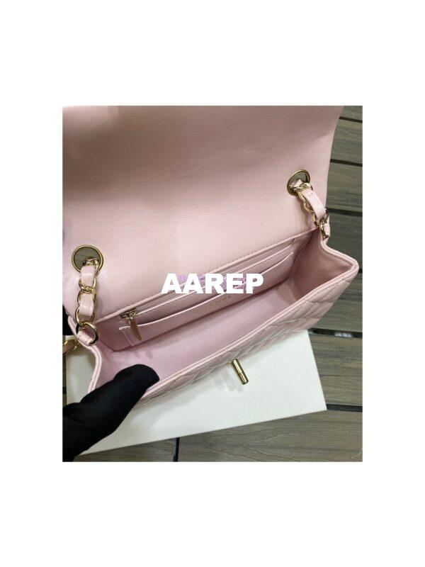 Replica Chanel Small Classic Flap CF Bag Lambskin Shining Light Gold Hardware 20cm in Light Pink 6