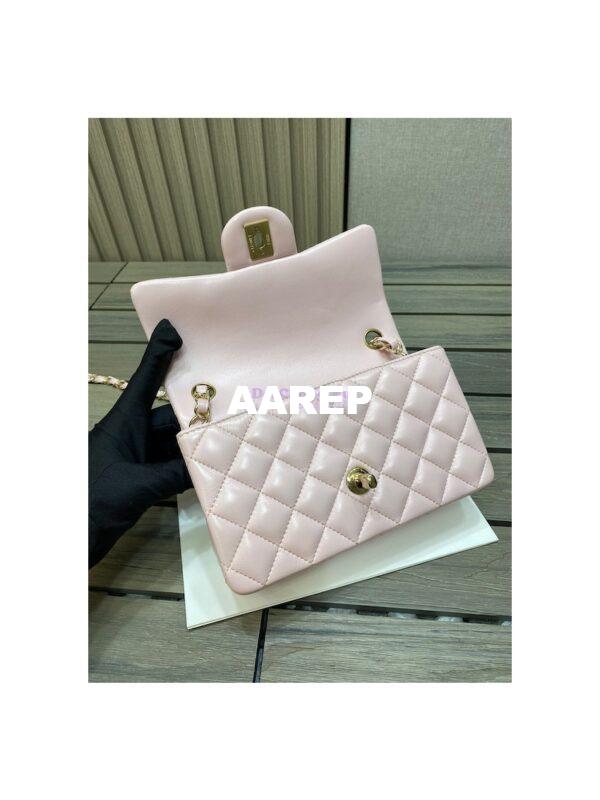 Replica Chanel Small Classic Flap CF Bag Lambskin Shining Light Gold Hardware 20cm in Light Pink 12