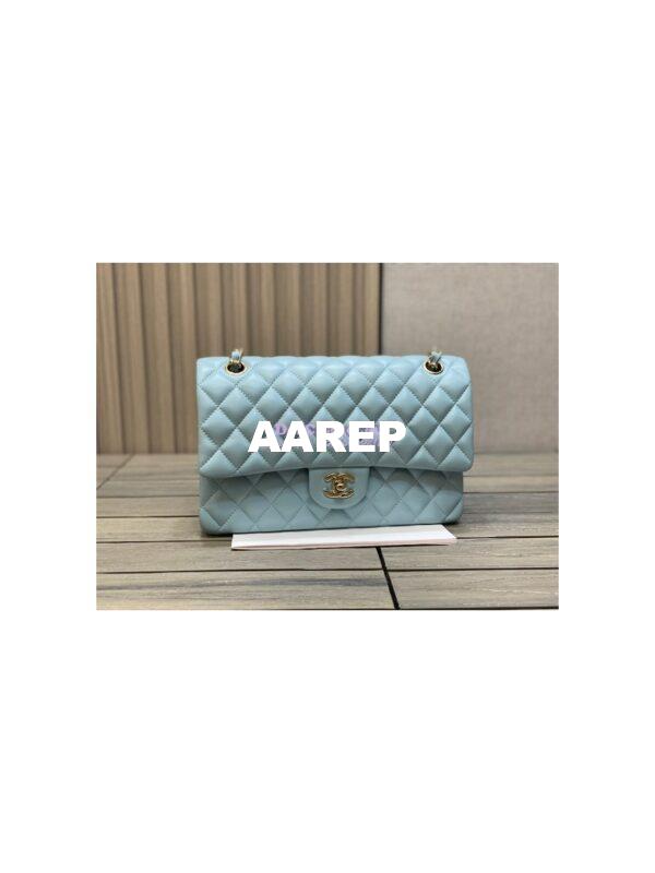 Replica Chanel Medium Classic Double Flap Bag Quilted Lambskin Light Gold Hardware Light Blue