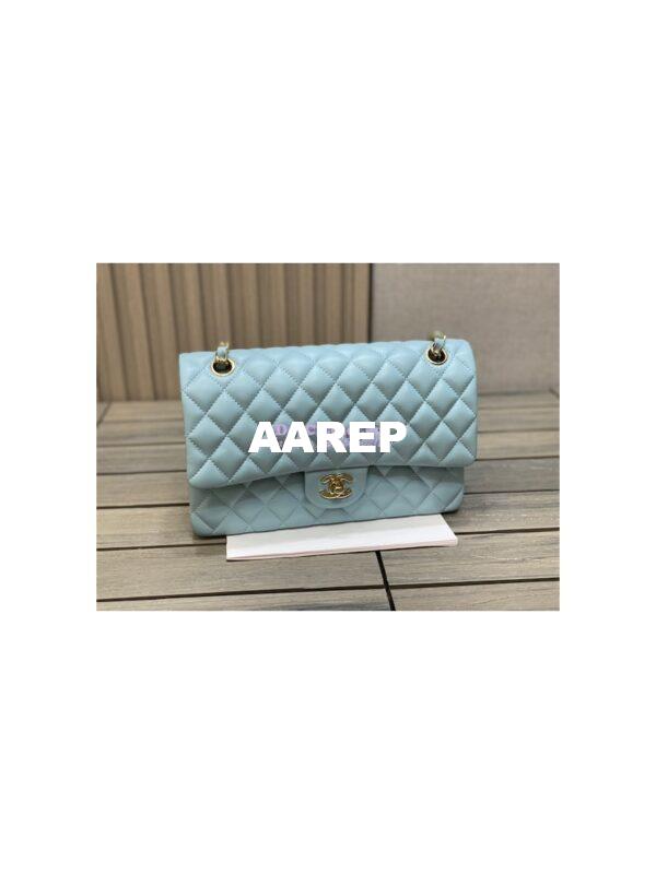 Replica Chanel Medium Classic Double Flap Bag Quilted Lambskin Light Gold Hardware Light Blue 2