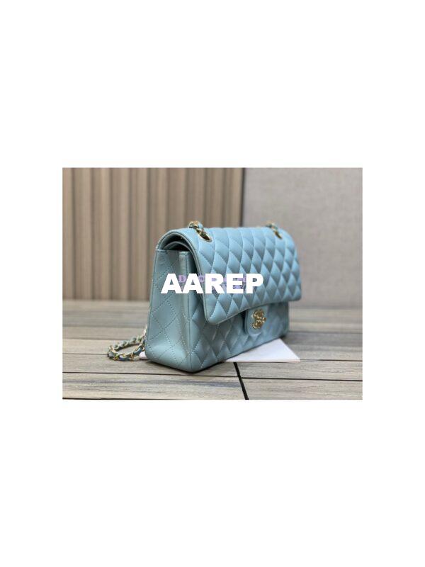 Replica Chanel Medium Classic Double Flap Bag Quilted Lambskin Light Gold Hardware Light Blue 3