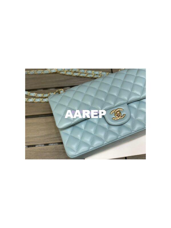 Replica Chanel Medium Classic Double Flap Bag Quilted Lambskin Light Gold Hardware Light Blue 4