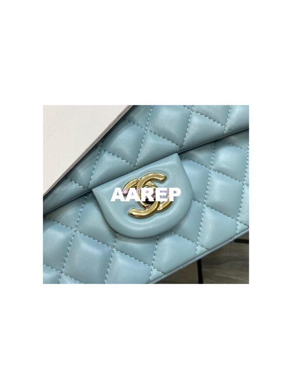 Replica Chanel Medium Classic Double Flap Bag Quilted Lambskin Light Gold Hardware Light Blue 5