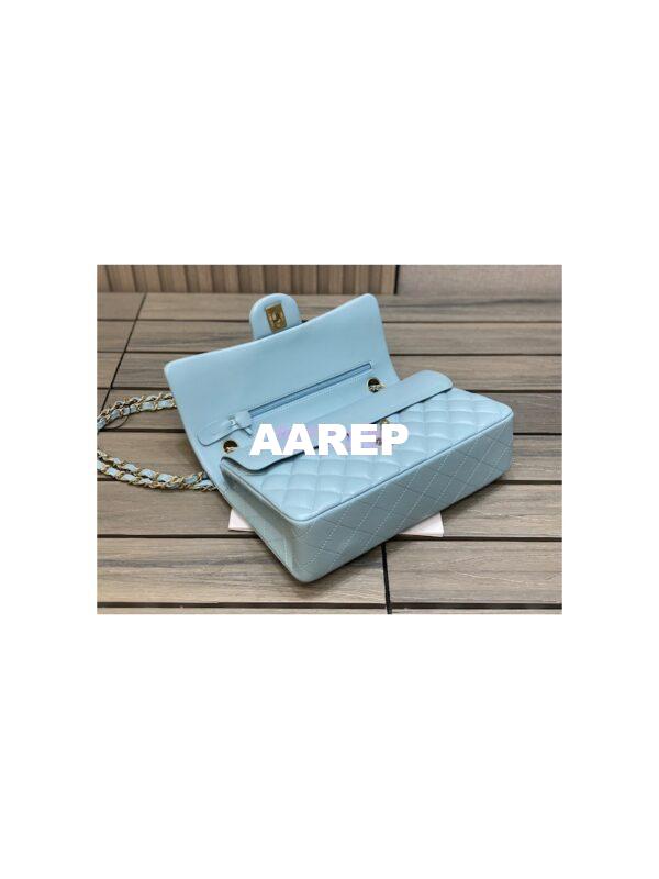 Replica Chanel Medium Classic Double Flap Bag Quilted Lambskin Light Gold Hardware Light Blue 9