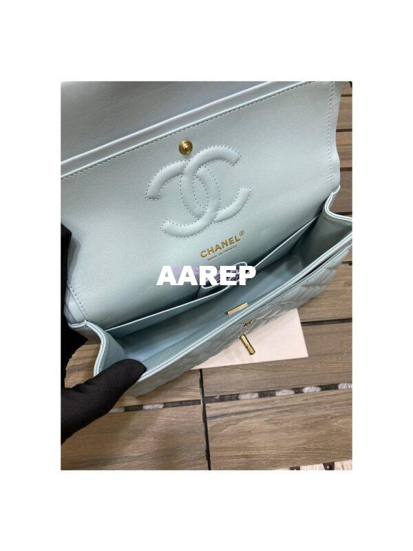 Replica Chanel Medium Classic Double Flap Bag Quilted Lambskin Light Gold Hardware Light Blue 10