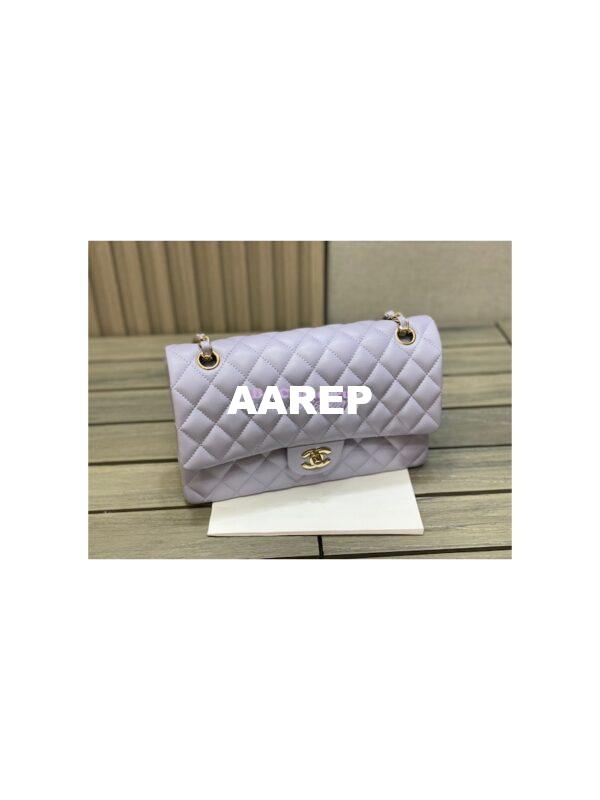 Replica Chanel Medium Classic Double Flap Bag Quilted Lambskin Light Gold Hardware Light Purple 4