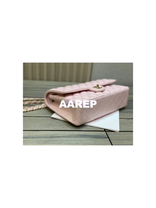 Replica Chanel Medium Classic Double Flap Bag Quilted Lambskin Light Gold Hardware Light Pink 7