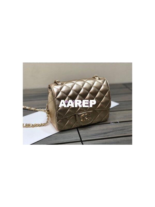 Replica Chanel Quilted Mini Classic Flap CF Bag Metallic Lambskin Gold 17cm
