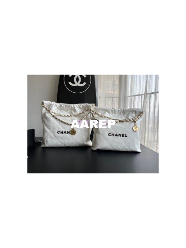 Replica Chanel 22 Handbag Shiny Calfskin AS3260 AS3261 White with Lacquered Metal 3