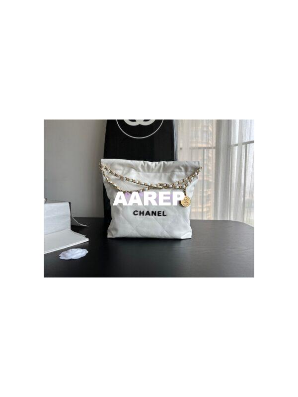 Replica Chanel 22 Handbag Shiny Calfskin AS3260 AS3261 White with Lacquered Metal 4