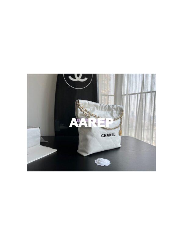 Replica Chanel 22 Handbag Shiny Calfskin AS3260 AS3261 White with Lacquered Metal 5