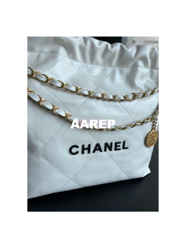 Replica Chanel 22 Handbag Shiny Calfskin AS3260 AS3261 White with Lacquered Metal 6