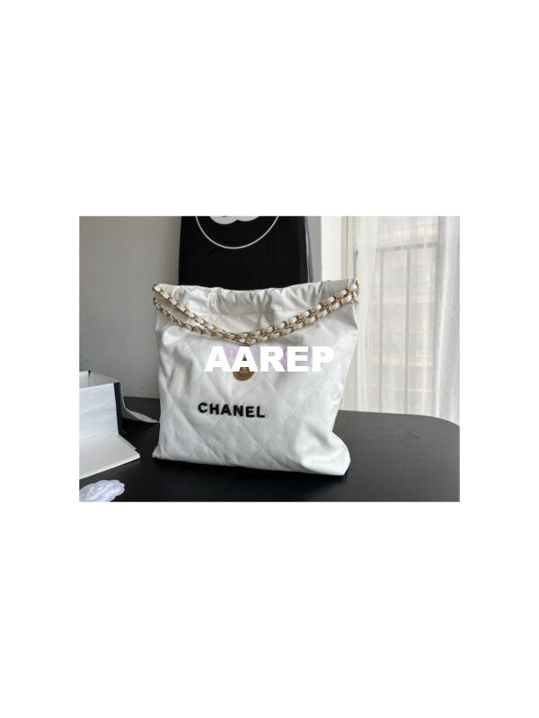 Replica Chanel 22 Handbag Shiny Calfskin AS3260 AS3261 White with Lacquered Metal 13