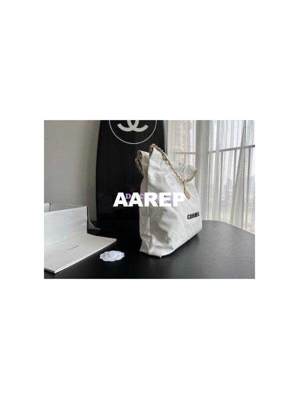 Replica Chanel 22 Handbag Shiny Calfskin AS3260 AS3261 White with Lacquered Metal 14