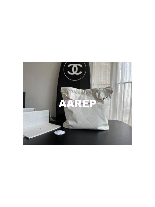 Replica Chanel 22 Handbag Shiny Calfskin AS3260 AS3261 White with Lacquered Metal 16