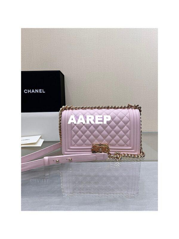Replica Chanel Boy Handbag in Grained Calfskin with Shining Gold Hardware 67086 Sakura Pink 3