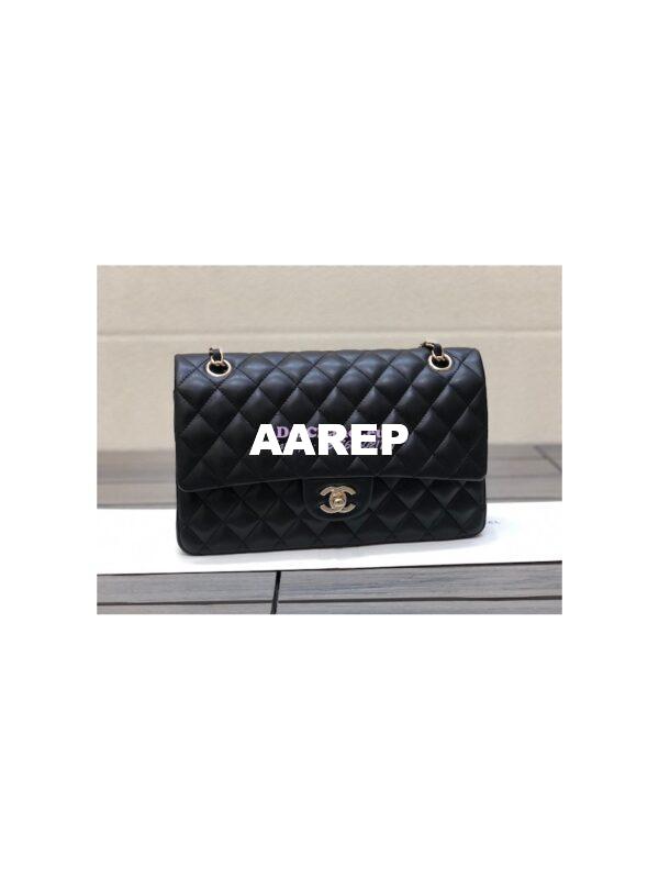 Replica Chanel Medium Classic Double Flap Bag Quilted Lambskin Light Gold Hardware Black 3