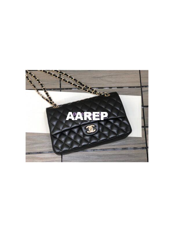 Replica Chanel Medium Classic Double Flap Bag Quilted Lambskin Light Gold Hardware Black 4