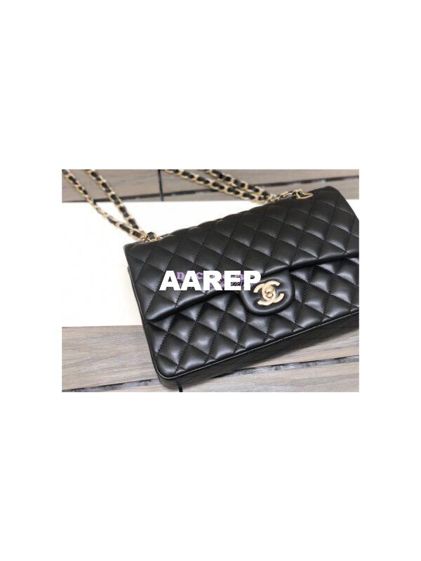 Replica Chanel Medium Classic Double Flap Bag Quilted Lambskin Light Gold Hardware Black 5