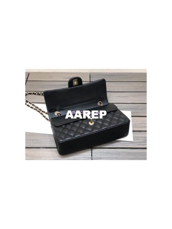 Replica Chanel Medium Classic Double Flap Bag Quilted Lambskin Light Gold Hardware Black 11