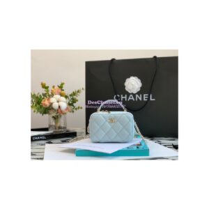 Replica Chanel 22P Grained Calfskin Small Vanity with Chain Camera Bag AP2634 Light Blue