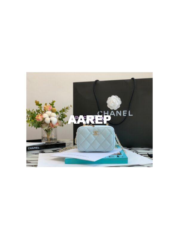 Replica Chanel 22P Grained Calfskin Small Vanity with Chain Camera Bag AP2634 Light Blue 3