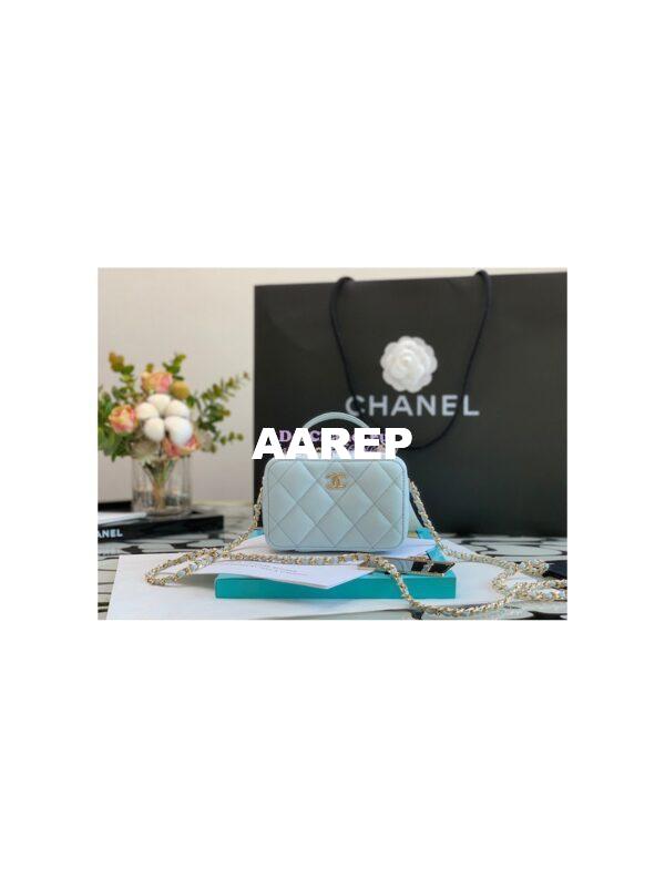 Replica Chanel 22P Grained Calfskin Small Vanity with Chain Camera Bag AP2634 Light Blue 4