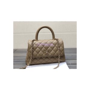 Replica Chanel Coco Handle Bag in Caviar with Edge Stitching 92990 92991 in Light Gold Hardware Dark Beige