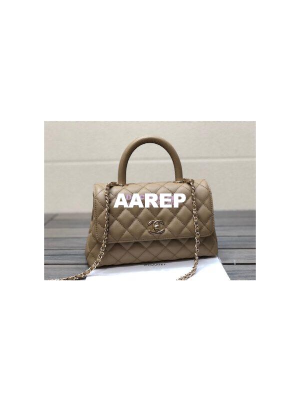 Replica Chanel Coco Handle Bag in Caviar with Edge Stitching 92990 92991 in Light Gold Hardware Dark Beige 3
