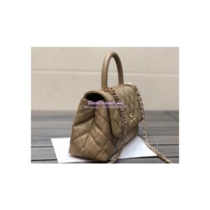 Replica Chanel Coco Handle Bag in Caviar with Edge Stitching 92990 92991 in Light Gold Hardware Dark Beige 2
