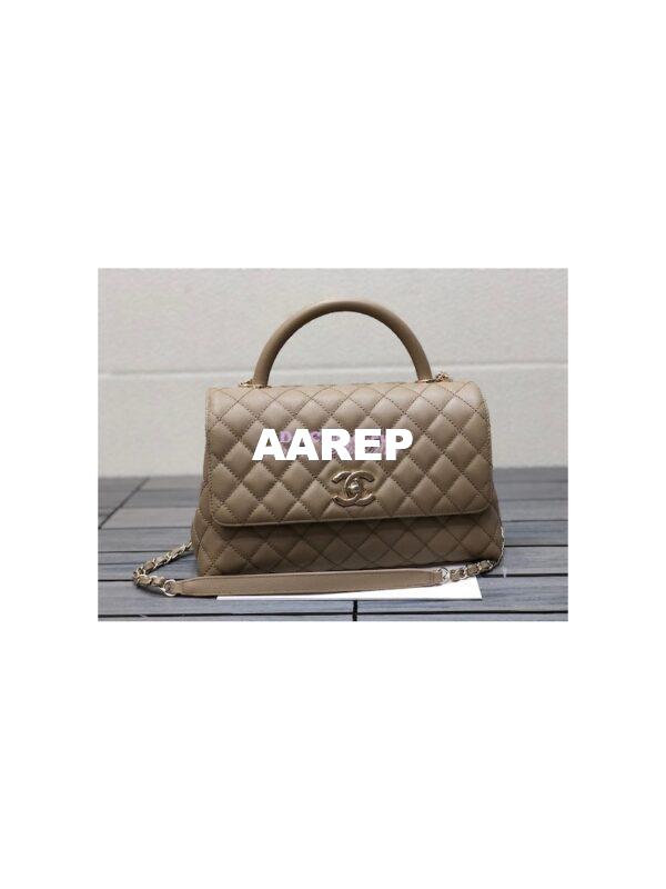 Replica Chanel Coco Handle Bag in Caviar with Edge Stitching 92990 92991 in Light Gold Hardware Dark Beige 11
